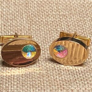 🍒3 for $33🍒Elegant Gold Cufflink Set With Colorful Crystal Inlays  Formal Wear